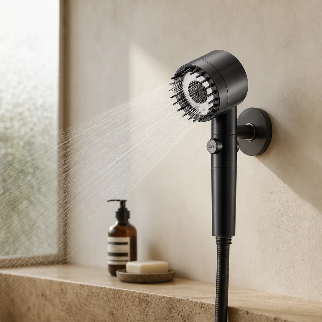 Filtered Showerhead mounted in a minimalist wet room